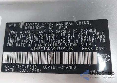 2009 Toyota Camry Le из США, поврежденный, VIN 4T1BE46K69U359185